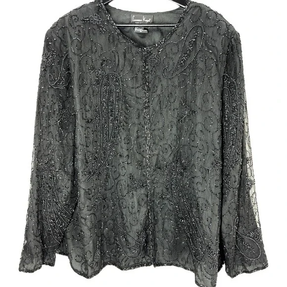 Laurence Kazar Jacket 3X silk beaded 1980's Paris New York black women's Vintage - Picture 9 of 12